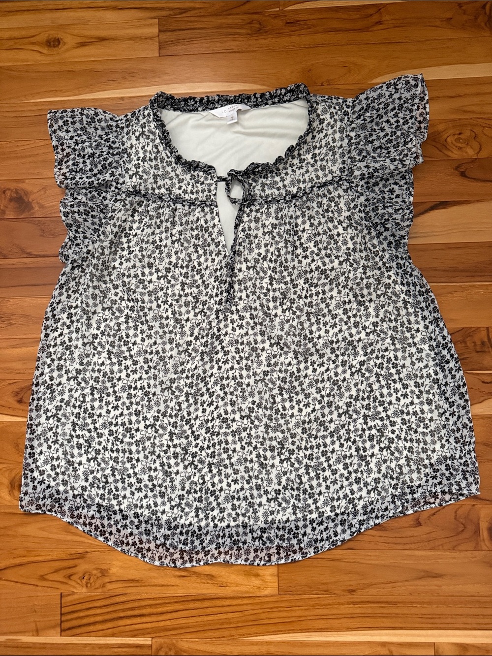 LC Lauren Conrad Black and White Floral Ruffle Tie-Neck Blouse
